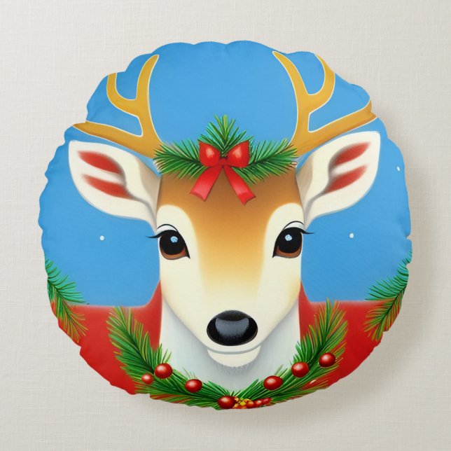 Almofada Redonda Reindeer Festivo com Foliday Wreath (Frente)