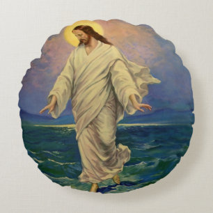 Almofada Redonda Religião Vintage, Jesus Cristo está andando sobre