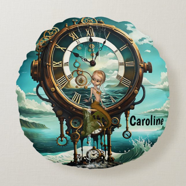Almofada Redonda Relógio do mar com galos fantásticos (Frente)