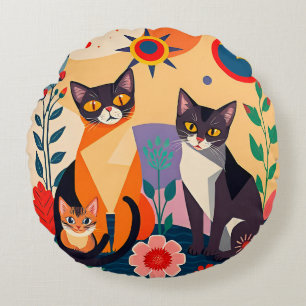 Almofada Redonda Representação Artística Abstrata de Gatos