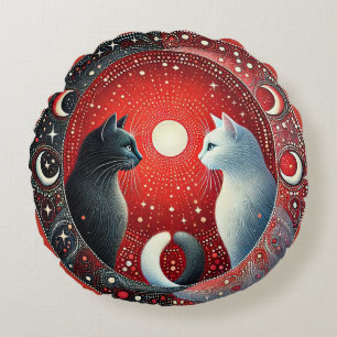 Almofada Redonda Representação Artística de Gatos Yin e Yang