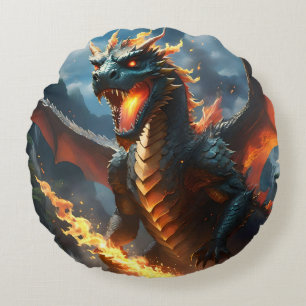Almofada Redonda "Respiração do Inferno: A Chama do Dragão"