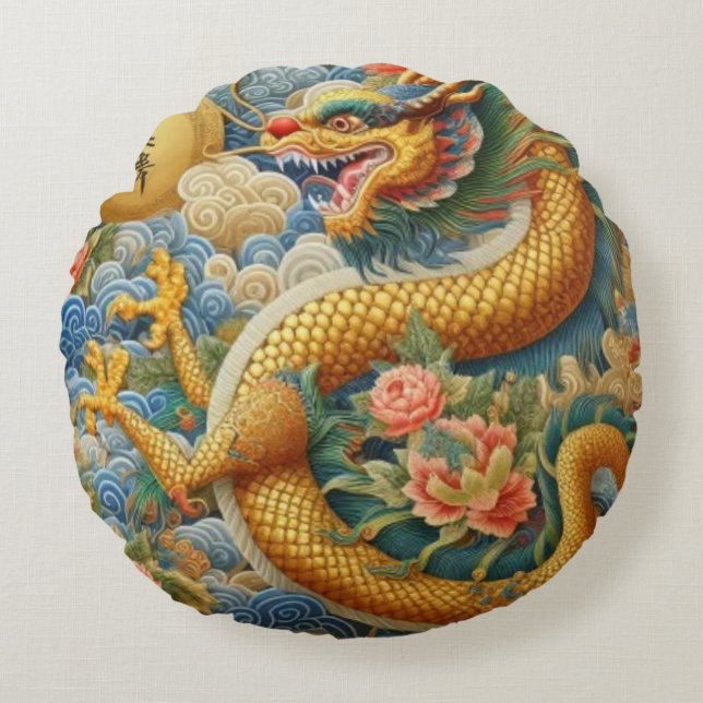 Almofada Redonda Respire o fogo Chinoiserie Dragon Dourado (Frente)