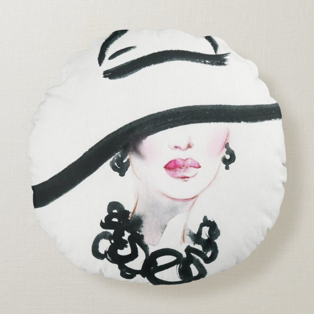 Almofada Redonda Retrato da mulher aquática, mal-humorado abstrato (Frente)