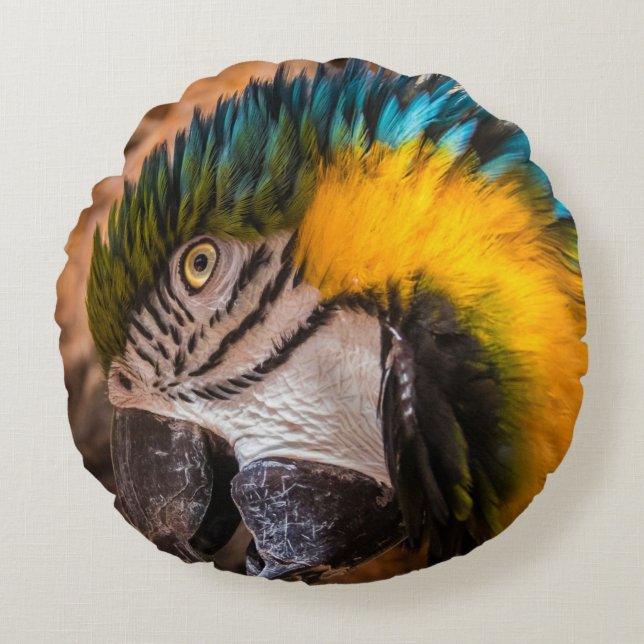 Almofada Redonda Retrato de arara azul e amarela (Frente)