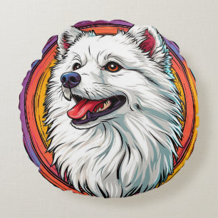 Almofada Redonda Retrato de Cachorro Branco Fofinho 🐾 Estilo Artí