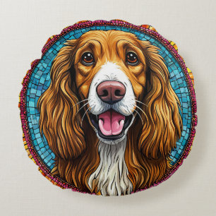 Almofada Redonda Retrato de Cachorro com Fundo Inspirado em Mosaico
