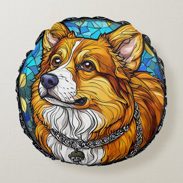 Almofada Redonda Retrato de Cão Corgi (Frente)