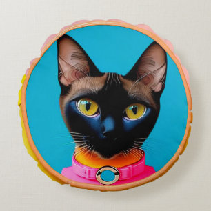 Almofada Redonda Retrato de Gato Estilizado Com Cores Intensas