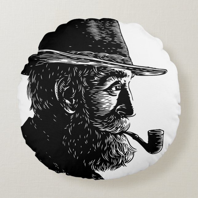 Almofada Redonda Retrato de Ponto e Linha: Velho Sábio Fumando um P (Frente)