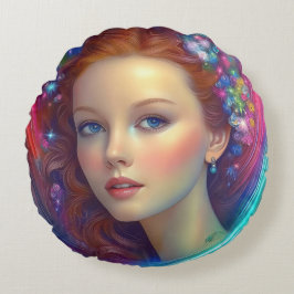 Almofada Redonda Retrato do Cabelo Arco-Íris Encantado