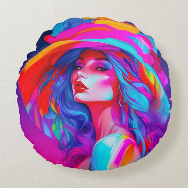 Almofada Redonda Retrato Neon Pop Art (Frente)