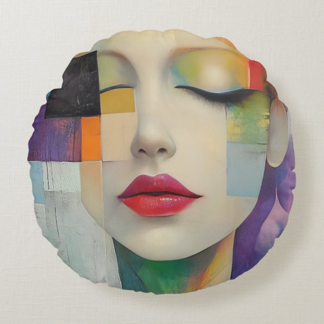Almofada Redonda Retrato no Surrealismo do Bloco de Cor (Frente)