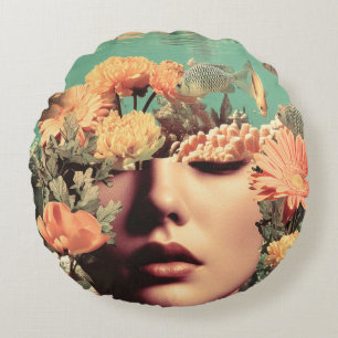 Almofada Redonda Retrato Surrealista Subaquático Com Flores de Cora