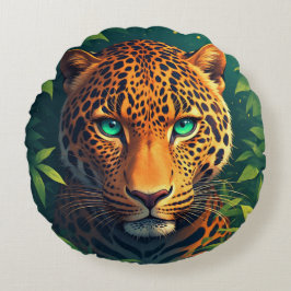 Almofada Redonda Retrato Vibrante de Leopardo com Olhos Esmeralda