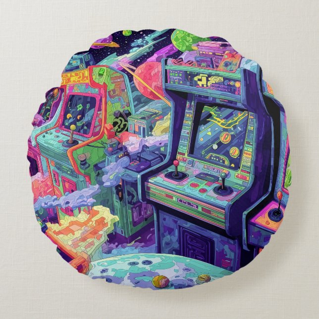 Almofada Redonda Retro Arcade Machines in Space (Frente)
