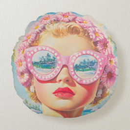Almofada Redonda Retro Beach Girl com óculos de sol florais