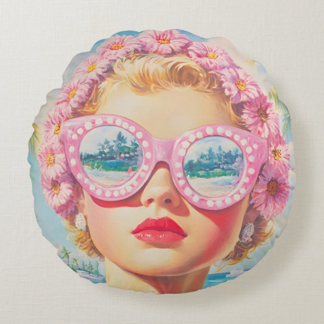 Almofada Redonda Retro Beach Girl com óculos de sol florais (Frente)