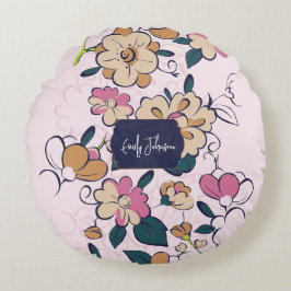 Almofada Redonda Retro Botânico Nome Personalizado Rosa Creme Bege