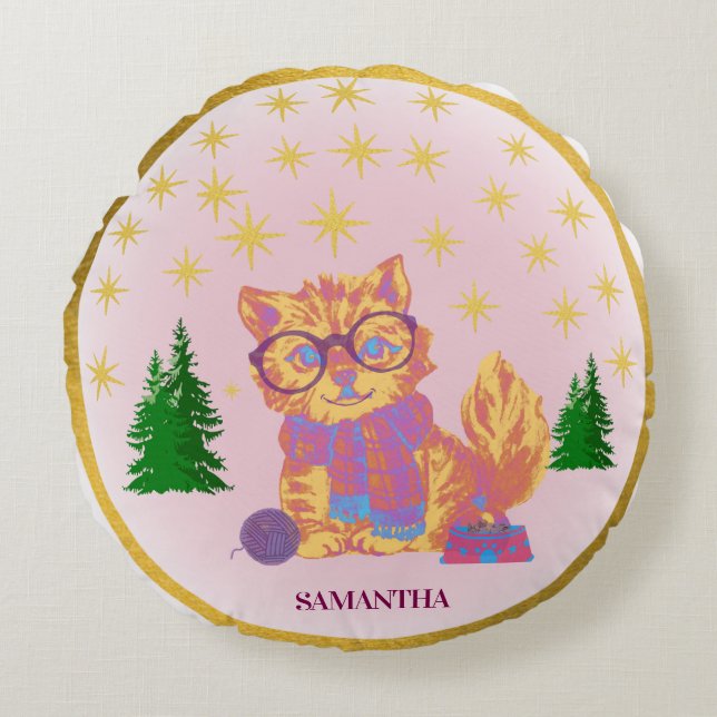 Almofada Redonda Retro Cat Ceramic Christmas  (Frente)