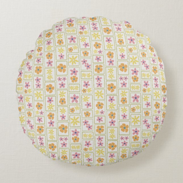 Almofada Redonda Retro Cream Patchwork Floral 16"  (Frente)