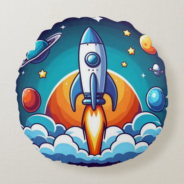Almofada Redonda Retro, foguete espacial (Frente)