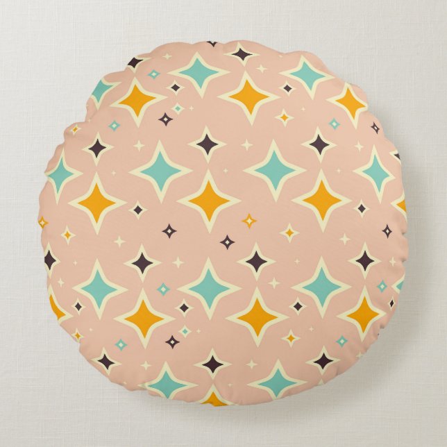 Almofada Redonda Retro geometric pattern with teal, orange, black (Frente)