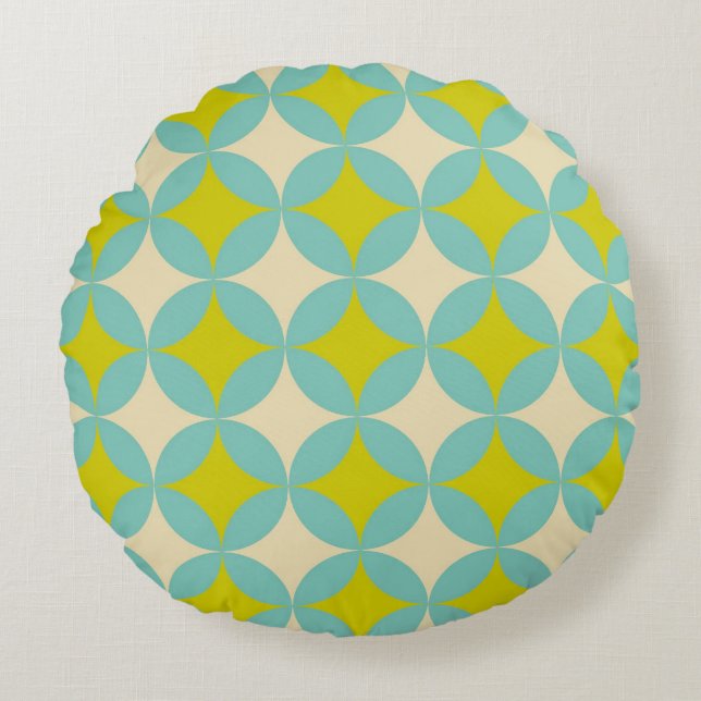 Almofada Redonda Retro Mustard and Teal Geometric Circle Pattern (Frente)