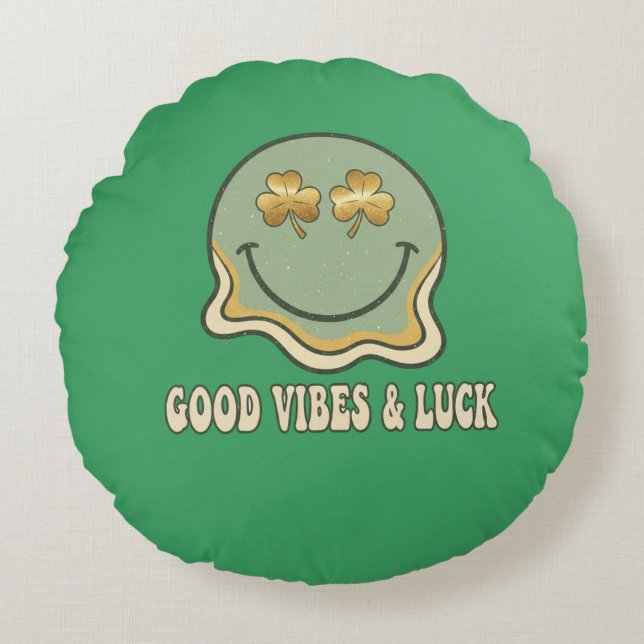 Almofada Redonda Retro St. Patrick's Day Good Vibes & Luck Smiley  (Frente)