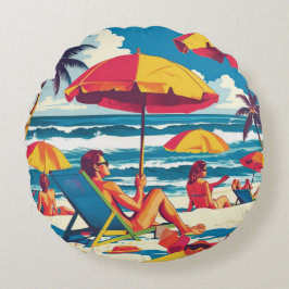 Almofada Redonda Retro Summer Beach Scene Throw Pillow 