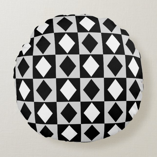 Almofada Redonda Rhombus Diamond Geométrico Branco Negro (Frente)