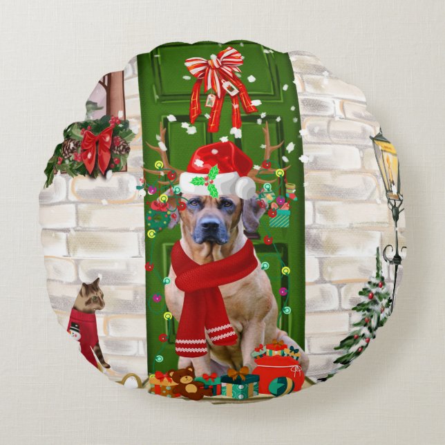 Almofada Redonda Ridgeback Dog Natal (Frente)