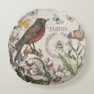 Almofada Redonda Robin Elegant Bird Butterfly Arte Francesa