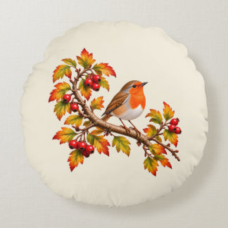 Almofada Redonda Robin Redbreast Outono Desenho Botânico de Pássaro