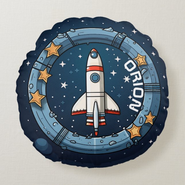Almofada Redonda Rocket Personalizado para Aventuras Espaciais (Frente)