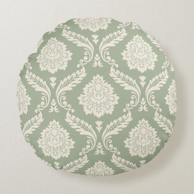 Almofada Redonda Rococo Damask Big Pattern Cream on Green (Frente)