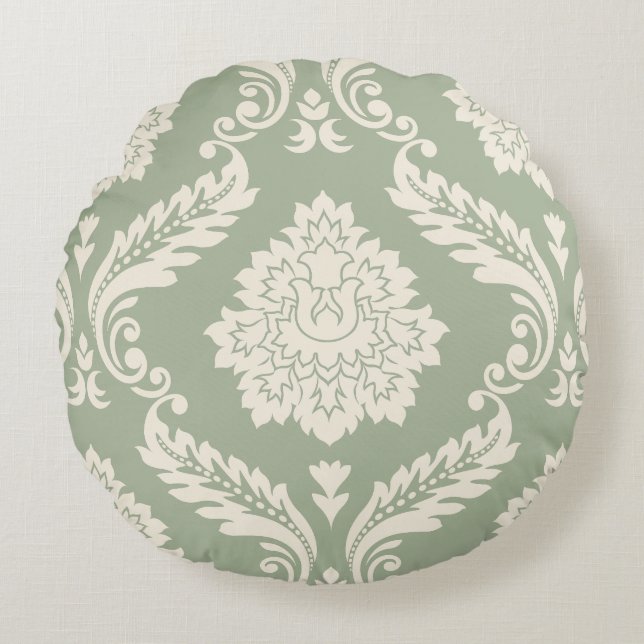 Almofada Redonda Rococo Damask Lg Pattern Cream on Green (Frente)