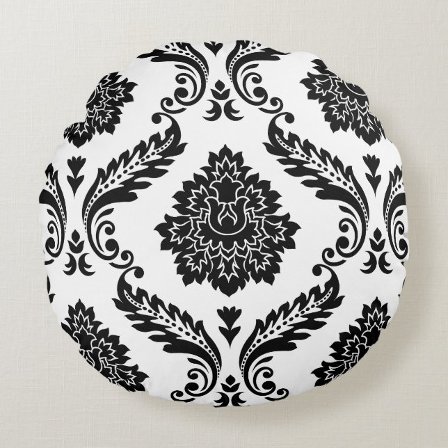 Almofada Redonda Rococo Damask Padrão Grande Preto no Branco (Frente)