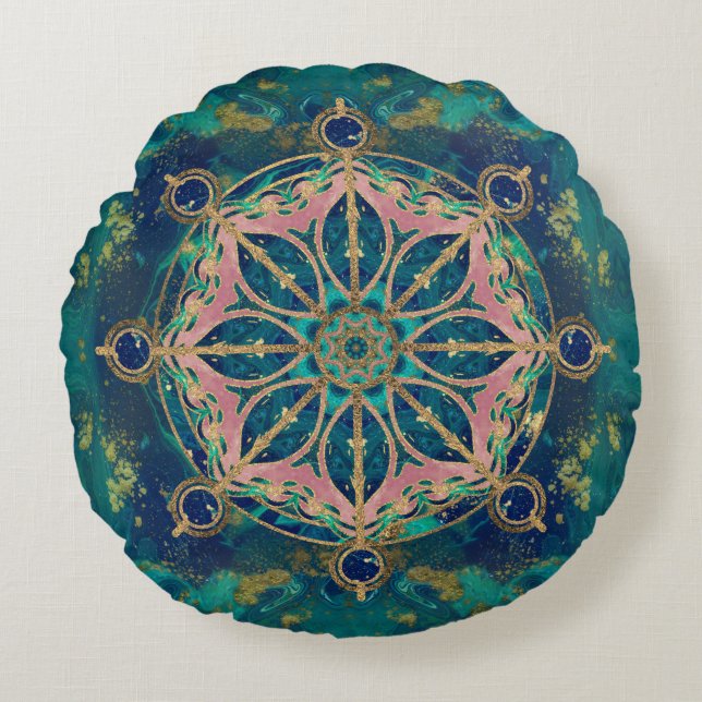 Almofada Redonda Roda de Dharma - pedra preciosa & ouro de (Frente)