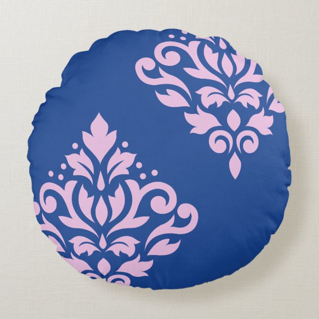 Almofada Redonda Rolar Damask Art I Rosa em Azul (Frente)