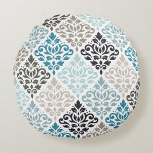Almofada Redonda Rolar Damask Grandes Teals de Padrão Procura Branc