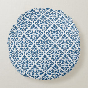 Almofada Redonda Rolar o Damask Ptn Dk Azul em Branco