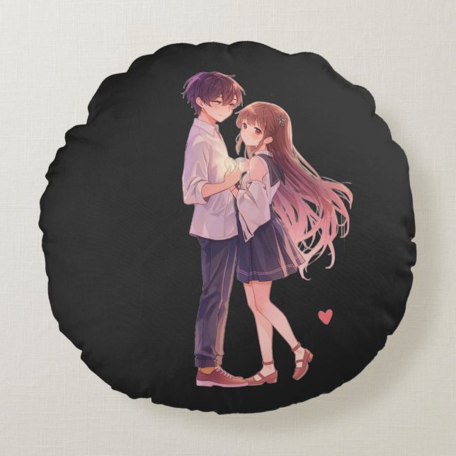 Almofada Redonda Romantic Anime Couple - Cute Aesthetic Lovers Art  (Frente)