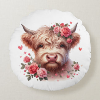 Almofada Redonda Romantic Highland Cow with Roses and Hearts – Whim