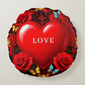 Almofada Redonda Romantic Red Heart Framed by Roses and Butterflies