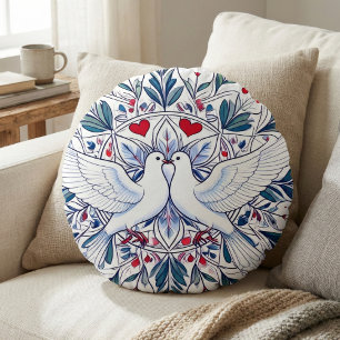 Almofada Redonda Rondas Pombas Românticas e Mandala Floral do Coraç