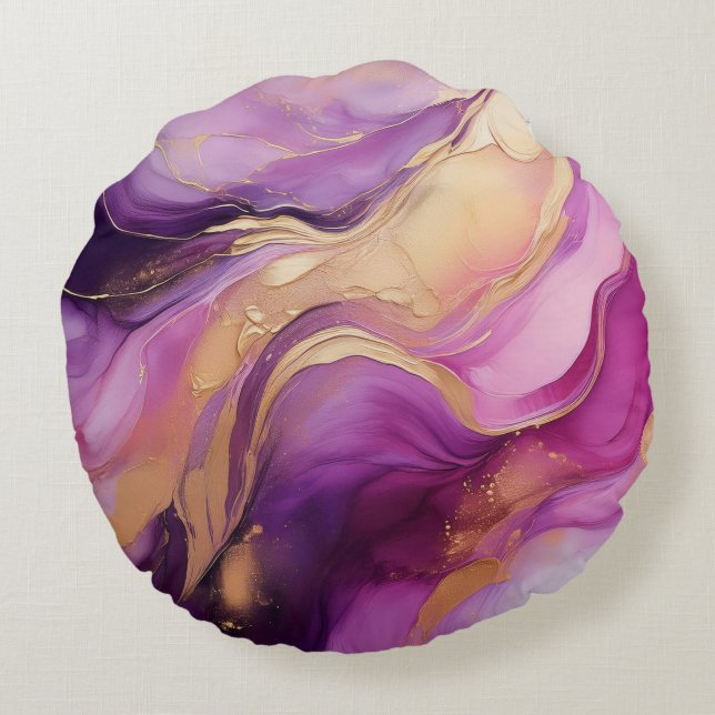 Almofada Redonda Rosa Abstrato Roxo Moderno e Dourado- (Verso)