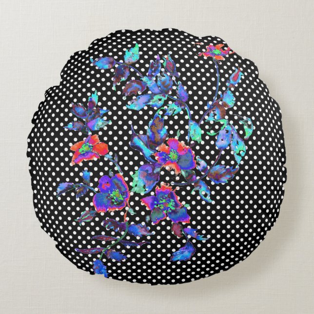 Almofada Redonda Rosa azul-vírgula, preto/branco, pontos polka (Frente)