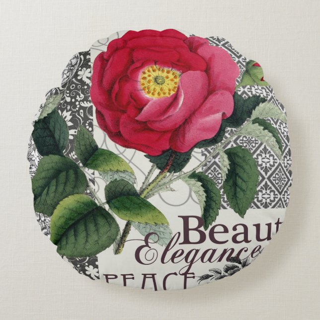 Almofada Redonda Rosa Damasco Bonito Antígua Floral (Frente)