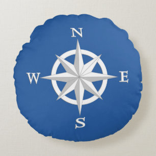 Almofada Redonda rosa de Compass de 8 pontos, branco e azul cobalto
